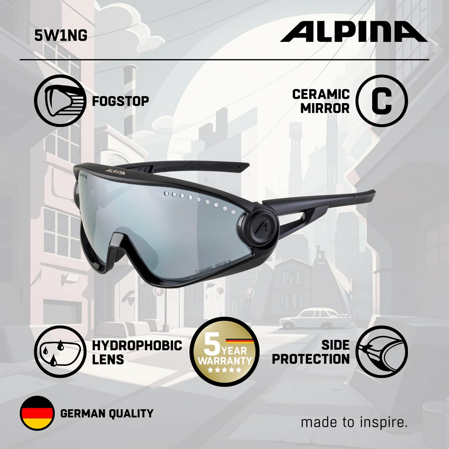 ALPINA Mirrored, 100% UV Protection Sport Sunglasses For Men & Women, Cycling/Running, Removeable Side Protection, 5W1NG
