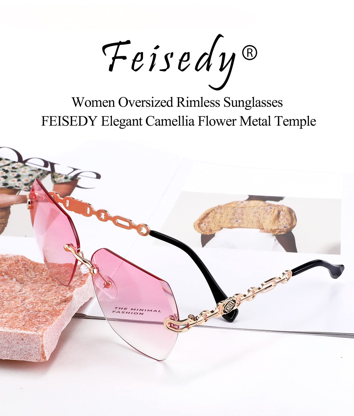FEISEDY Classic Rimless Sunglasses Women Metal Frame Diamond Cutting Lens Sun Glasses B2567