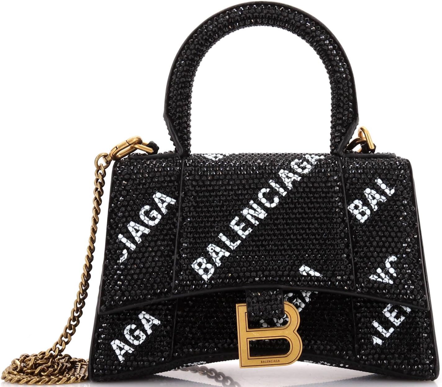 Pre-Loved Hourglass Top Handle Bag Suede and Allover Logo Crystals XS, Black