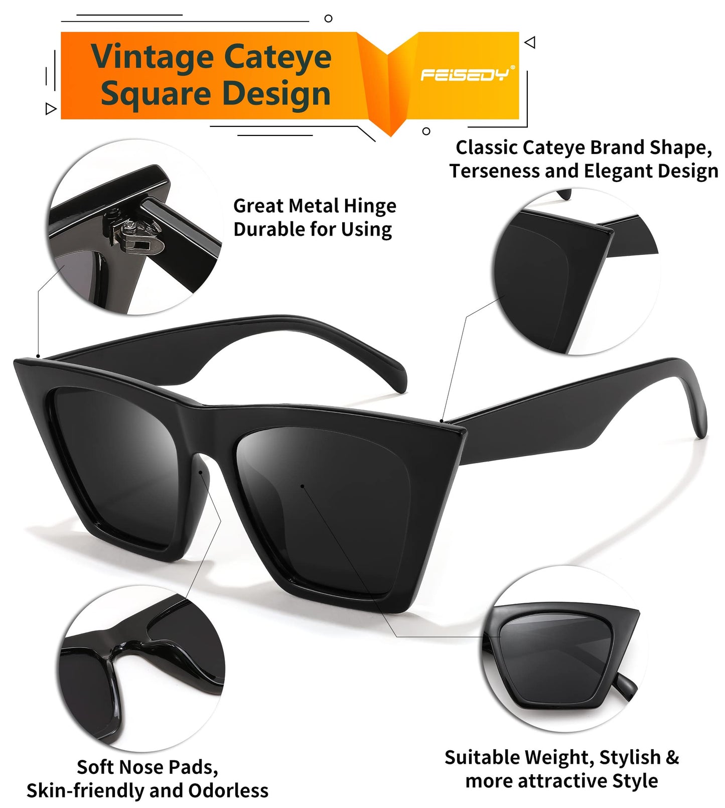 FEISEDY Vintage Square Cat Eye Sunglasses Women Trendy Cateye Sunglasses B2473