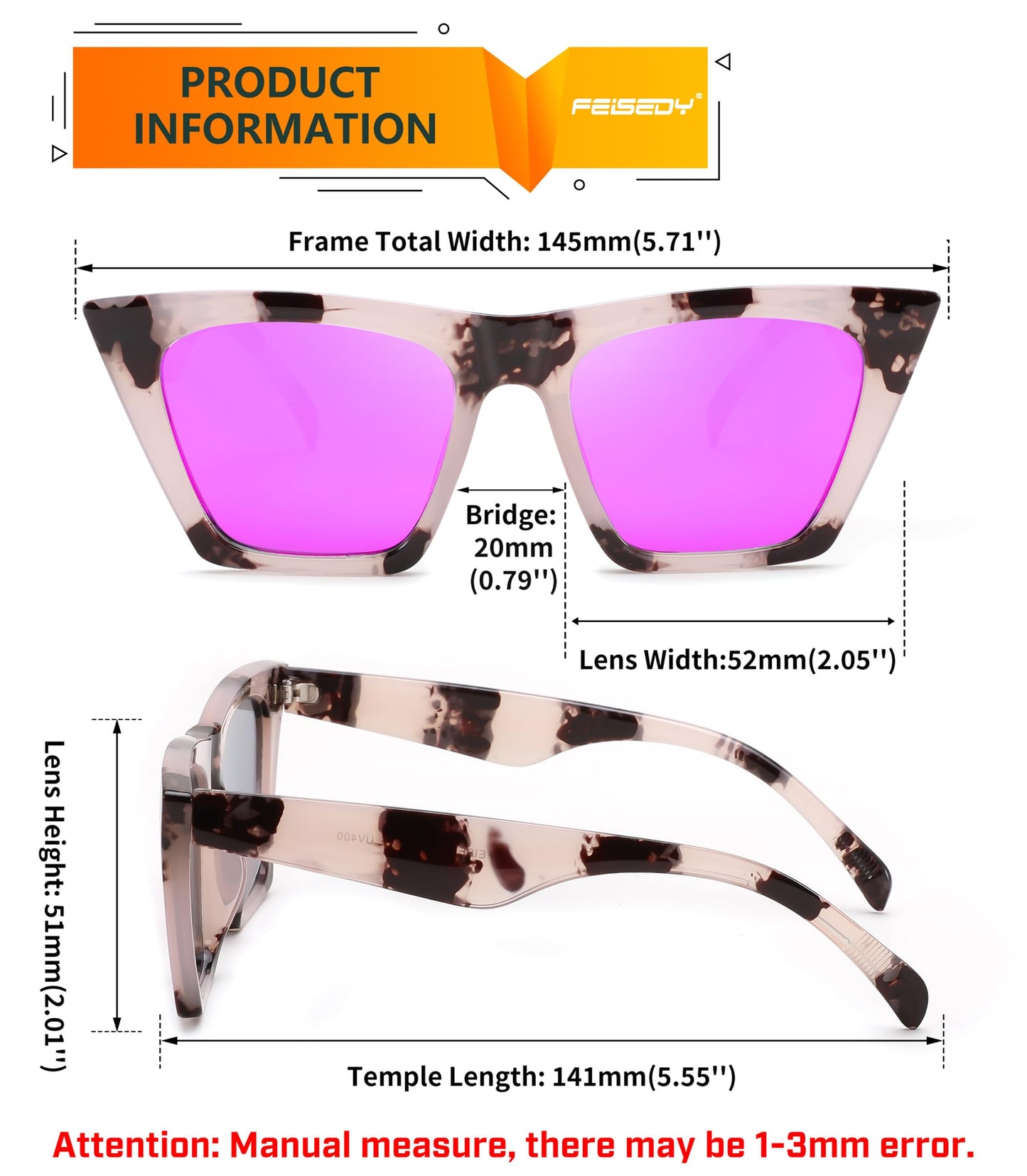 FEISEDY Vintage Square Cat Eye Sunglasses Women Trendy Cateye Sunglasses B2473