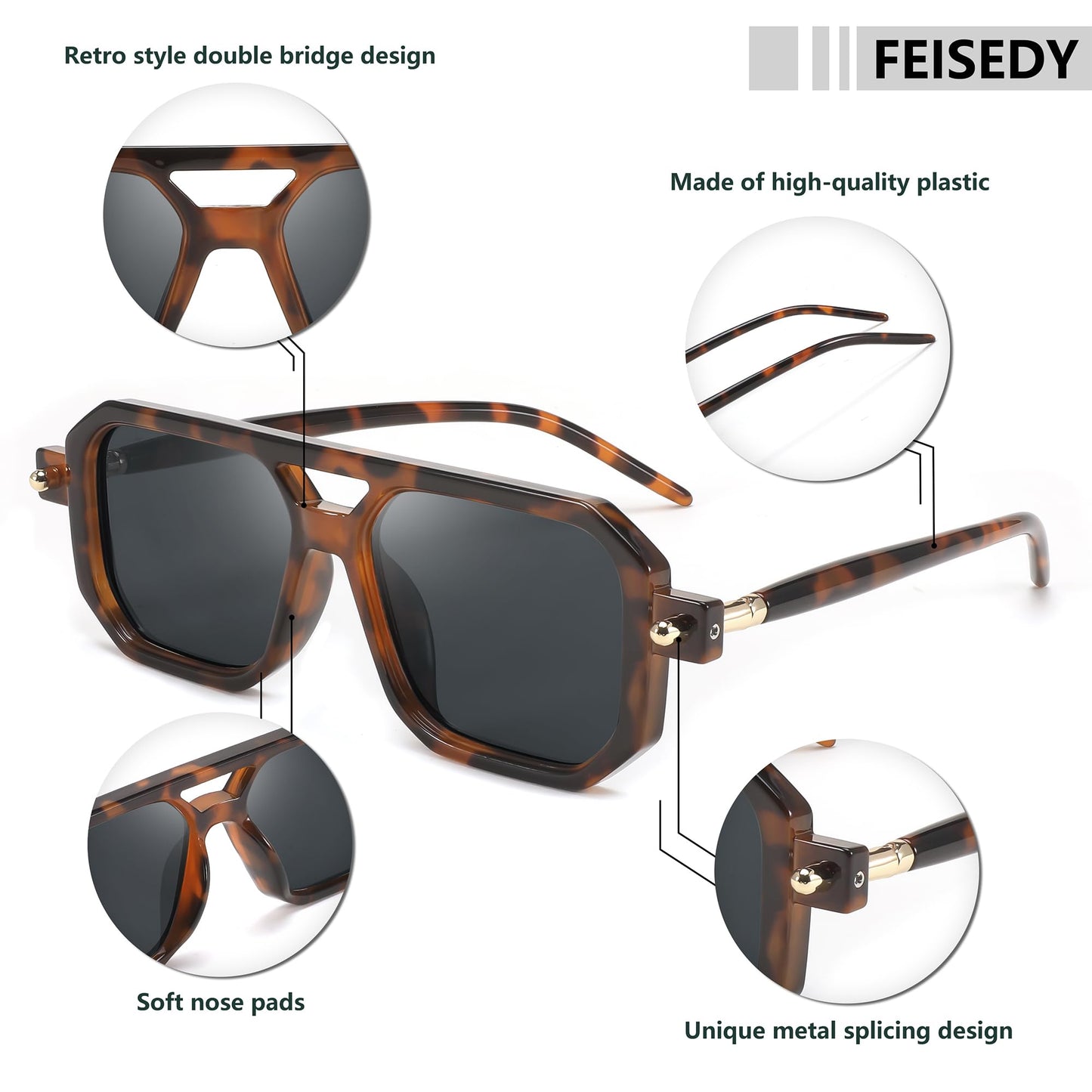 FEISEDY Vintage Square 70s Flat Aviator Sunglasses Women Men Classic Retro Stylish Frame UV400 Sunglasses B2622