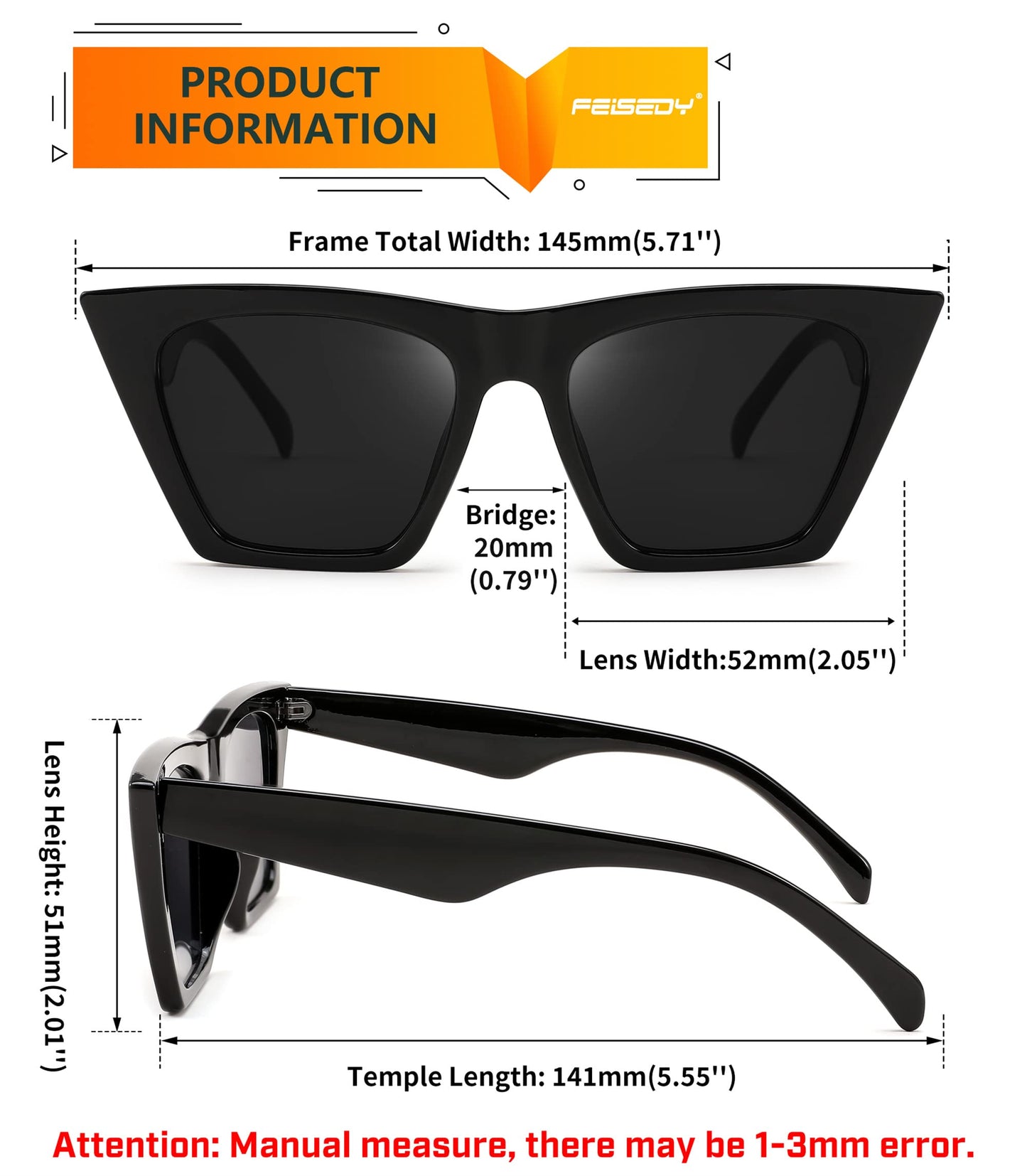 FEISEDY Vintage Square Cat Eye Sunglasses Women Trendy Cateye Sunglasses B2473