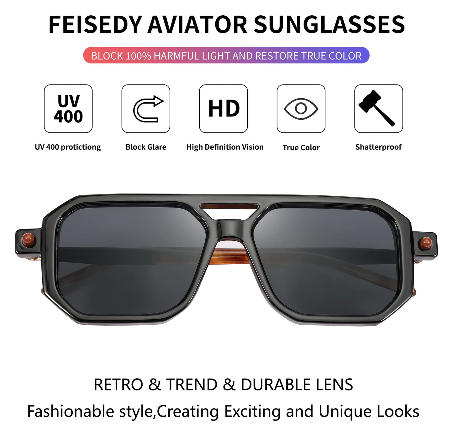 FEISEDY Vintage Square 70s Flat Aviator Sunglasses Women Men Classic Retro Stylish Frame UV400 Sunglasses B2622