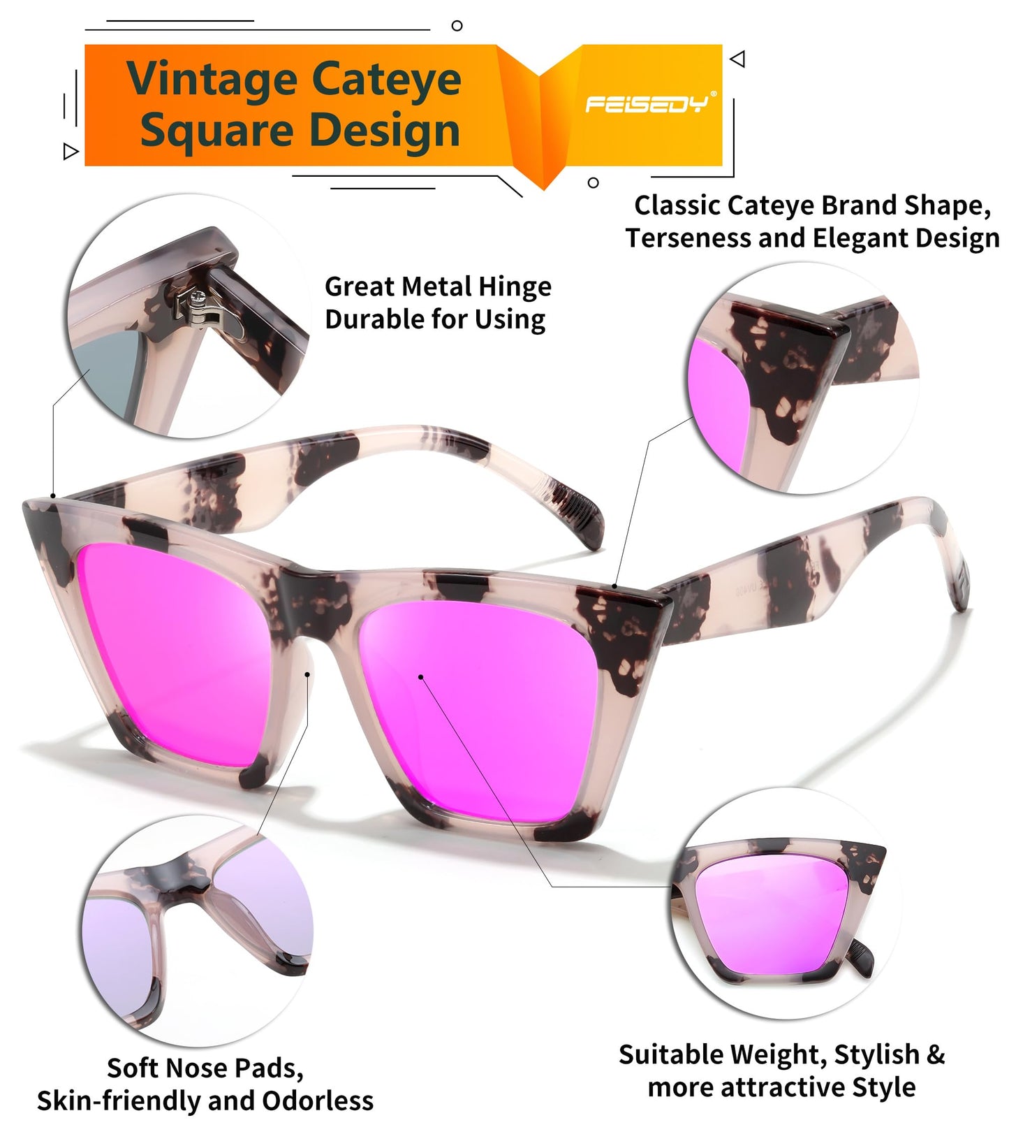 FEISEDY Vintage Square Cat Eye Sunglasses Women Trendy Cateye Sunglasses B2473