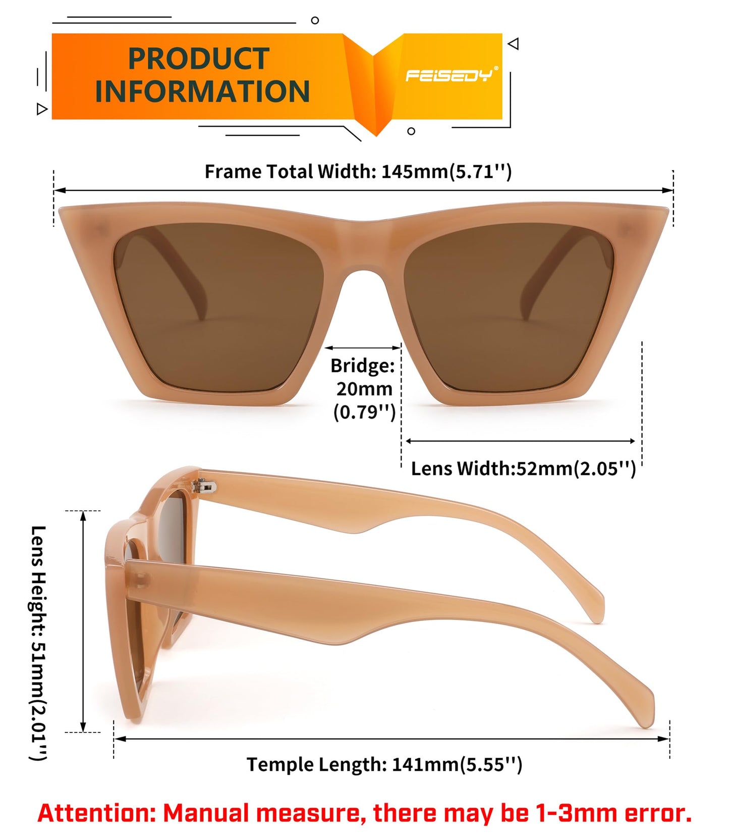 FEISEDY Vintage Square Cat Eye Sunglasses Women Trendy Cateye Sunglasses B2473