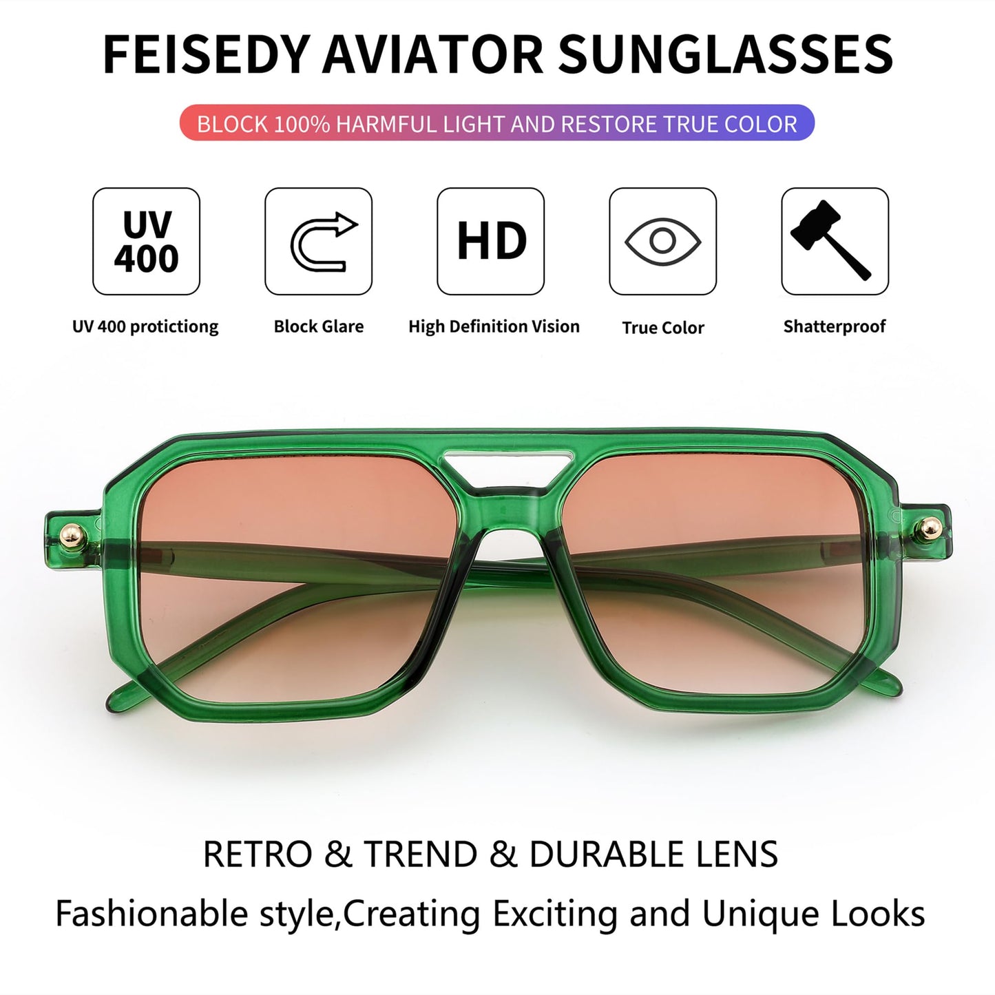 FEISEDY Vintage Square 70s Flat Aviator Sunglasses Women Men Classic Retro Stylish Frame UV400 Sunglasses B2622
