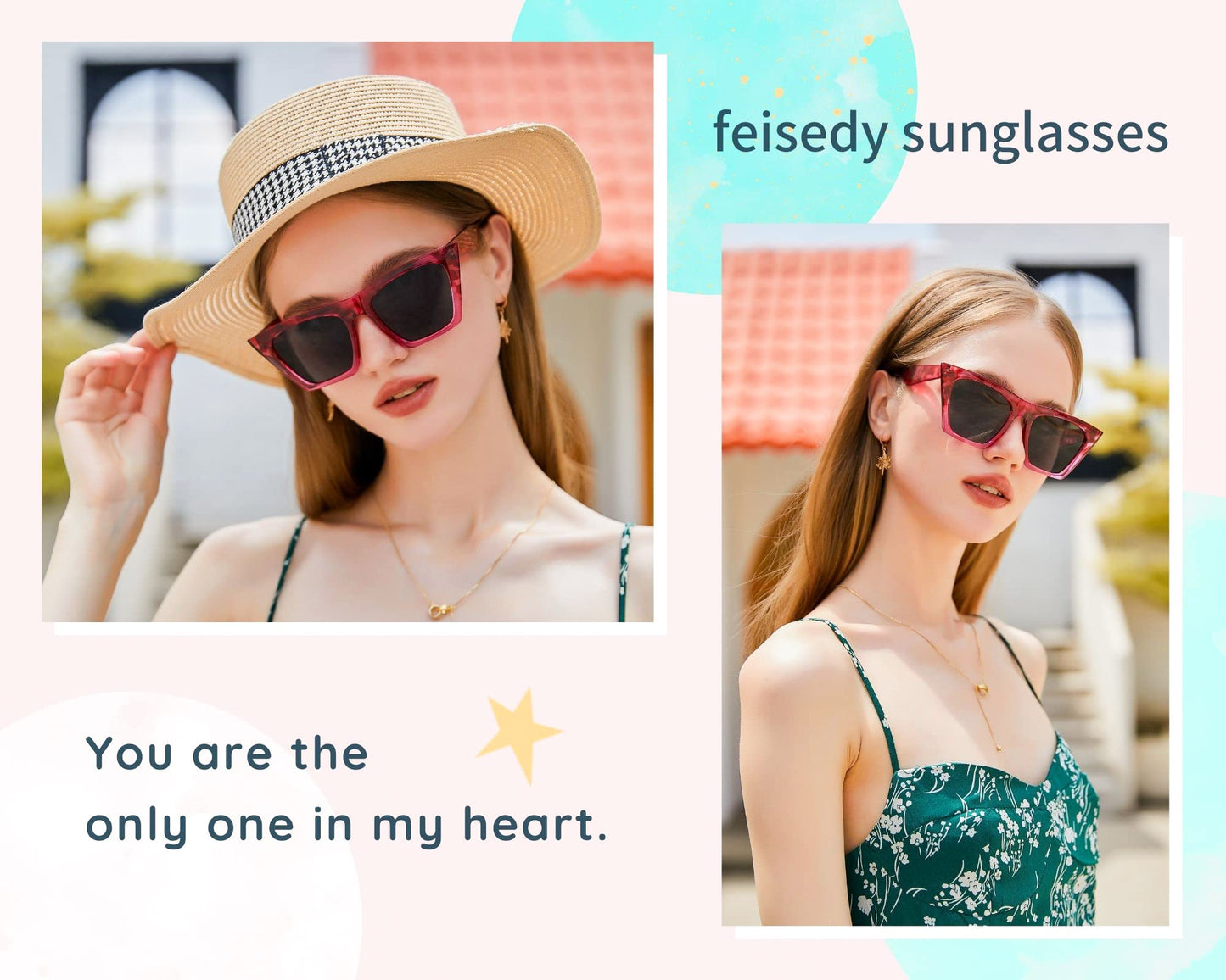 FEISEDY Vintage Square Cat Eye Sunglasses Women Trendy Cateye Sunglasses B2473