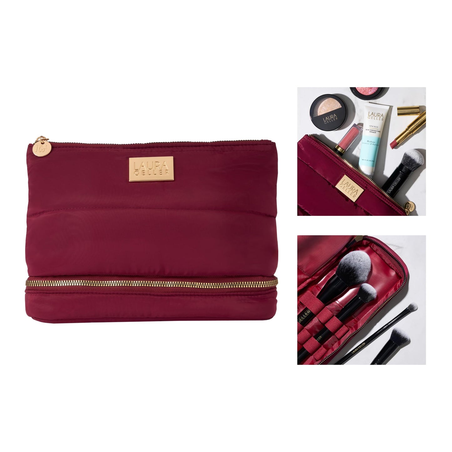 LAURA GELLER NEW YORK Quilted Makeup Bag with Brush Case, Burgundy - Toiletry Bag Organizer for Travel - Large Capacity Full Size Makeup Bag - Easy to Clean
