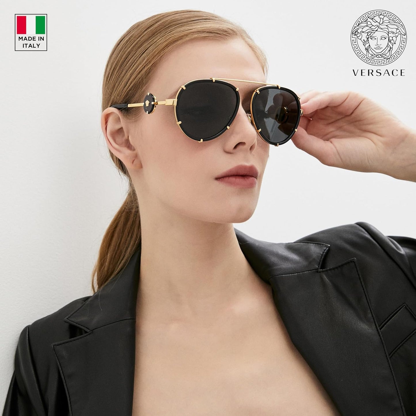 Versace VE2232 61mm Non-Polarized Aviator Sunglasses for Women – Black Metal Frame with Gold Temples, 100% UV Protection, Lightweight & Comfortable Sunglasses, eShades Eyewear Kit Included