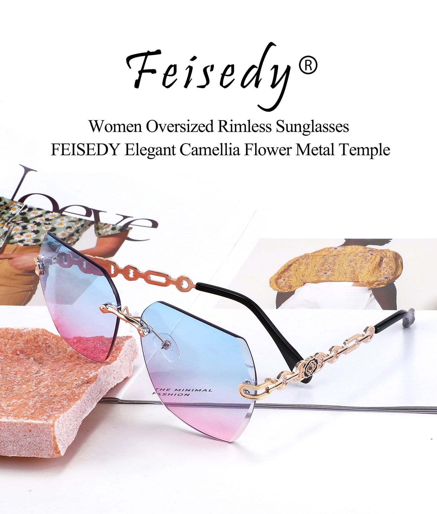 FEISEDY Classic Rimless Sunglasses Women Metal Frame Diamond Cutting Lens Sun Glasses B2567