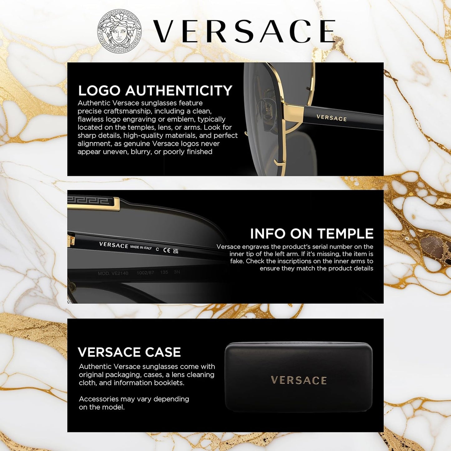 Versace VE2232 61mm Non-Polarized Aviator Sunglasses for Women – Black Metal Frame with Gold Temples, 100% UV Protection, Lightweight & Comfortable Sunglasses, eShades Eyewear Kit Included