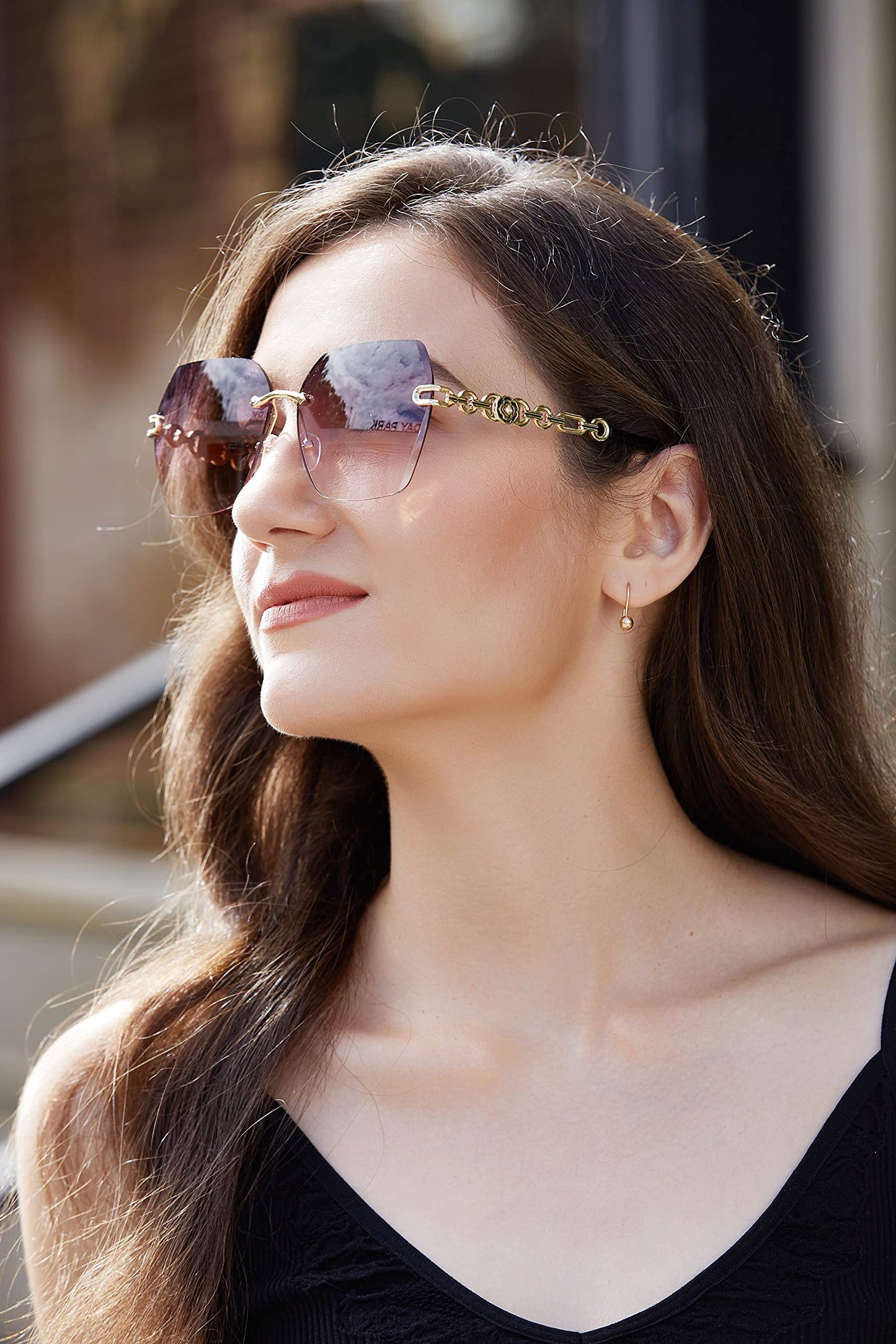 FEISEDY Classic Rimless Sunglasses Women Metal Frame Diamond Cutting Lens Sun Glasses B2567