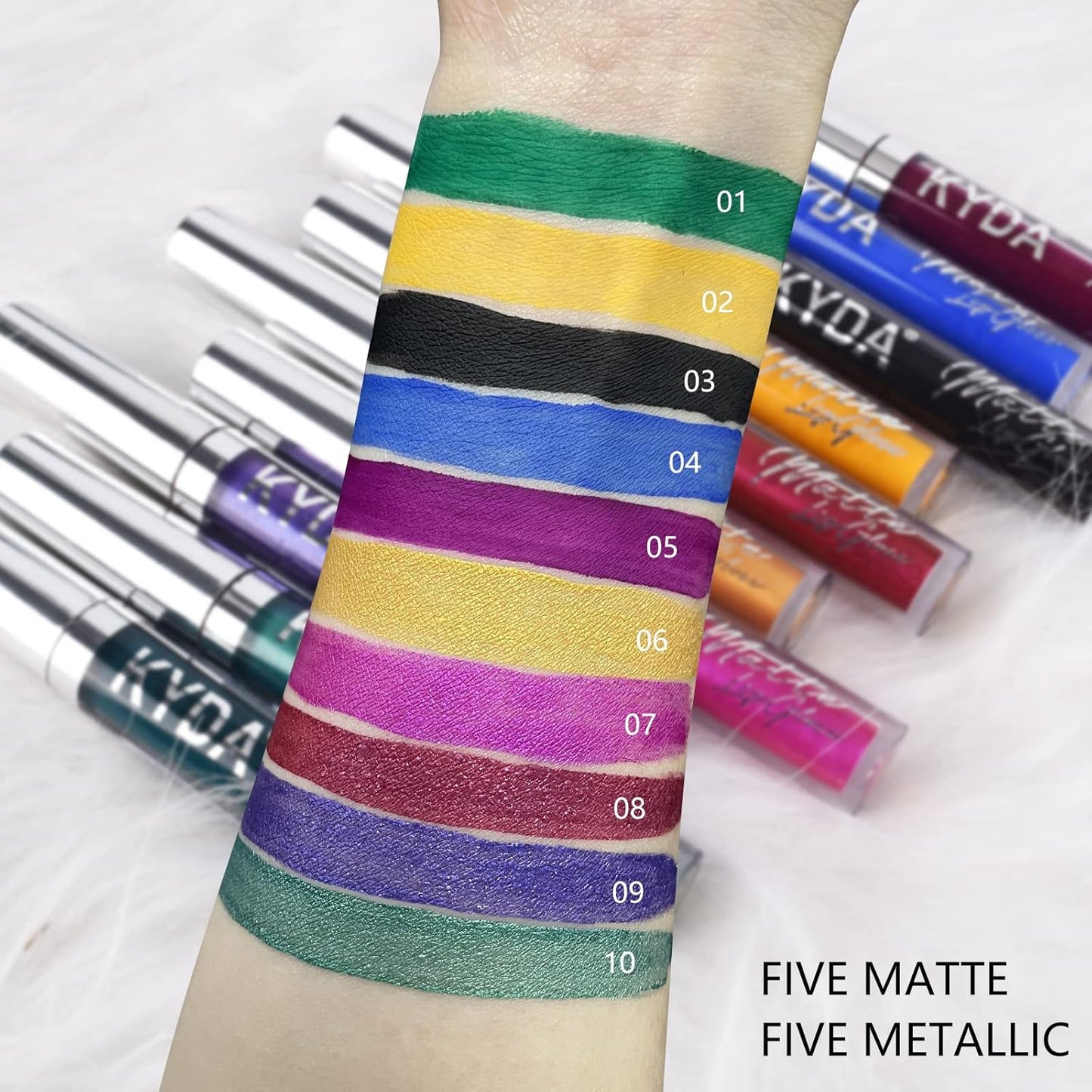KYDA 10 Colors Lipstick Set, 5 Matte Velvet & 5 Shimmer Metallic Lips Color, Non-Stick Cup Long Wear Lip Glaze, High Pigmented Lipstick Cosmetic Gift Kit for Glossy and Full Matte Lip Gloss