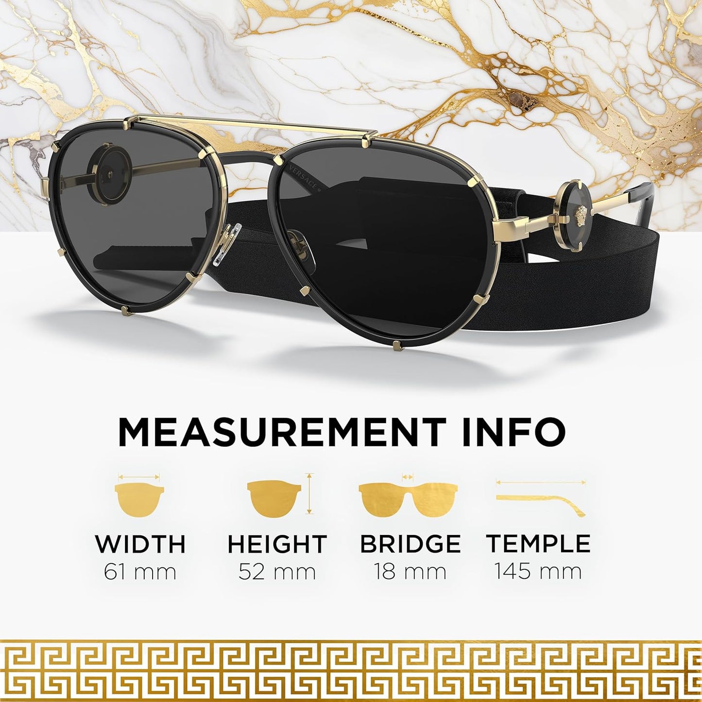 Versace VE2232 61mm Non-Polarized Aviator Sunglasses for Women – Black Metal Frame with Gold Temples, 100% UV Protection, Lightweight & Comfortable Sunglasses, eShades Eyewear Kit Included