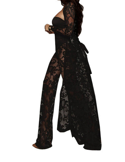 xxxiticat Women's Sexy Lace Transparent See Through Wide Leg Pants Tube Top Long Coat Sets Suits