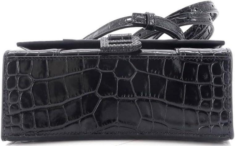 Pre-Loved Hourglass Top Handle Bag Crocodile Embossed Leather with Crystals XS, Black