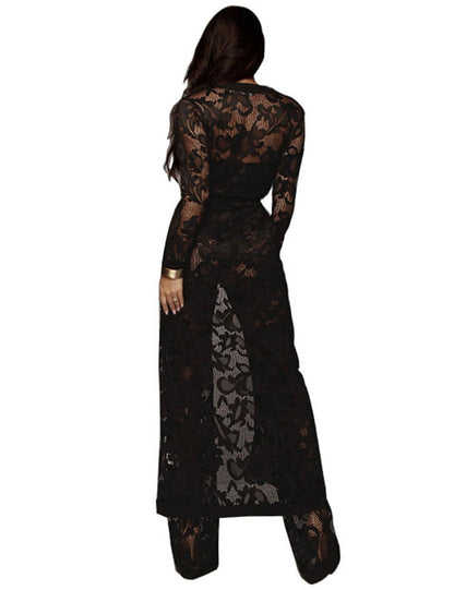 xxxiticat Women's Sexy Lace Transparent See Through Wide Leg Pants Tube Top Long Coat Sets Suits