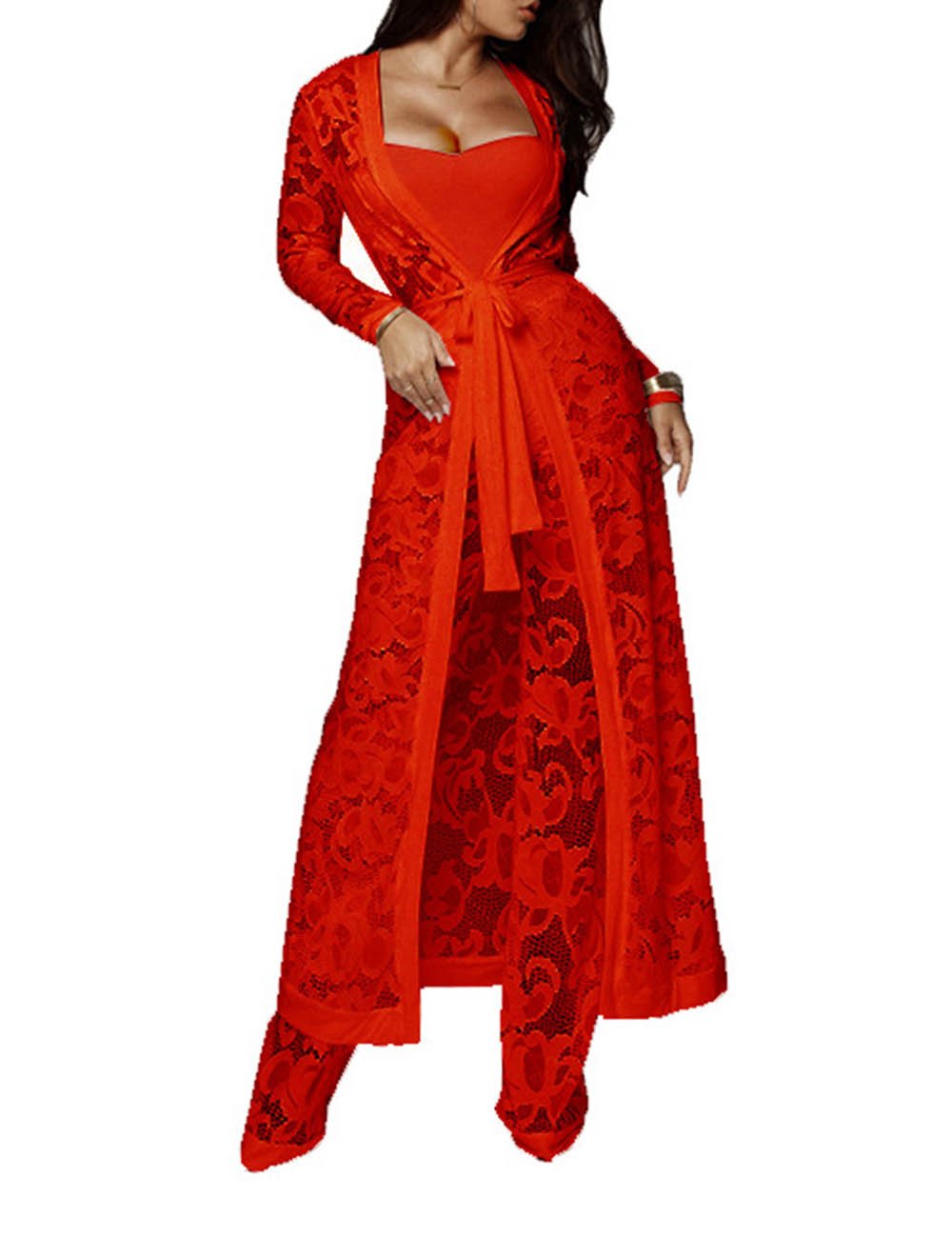 xxxiticat Women's Sexy Lace Transparent See Through Wide Leg Pants Tube Top Long Coat Sets Suits