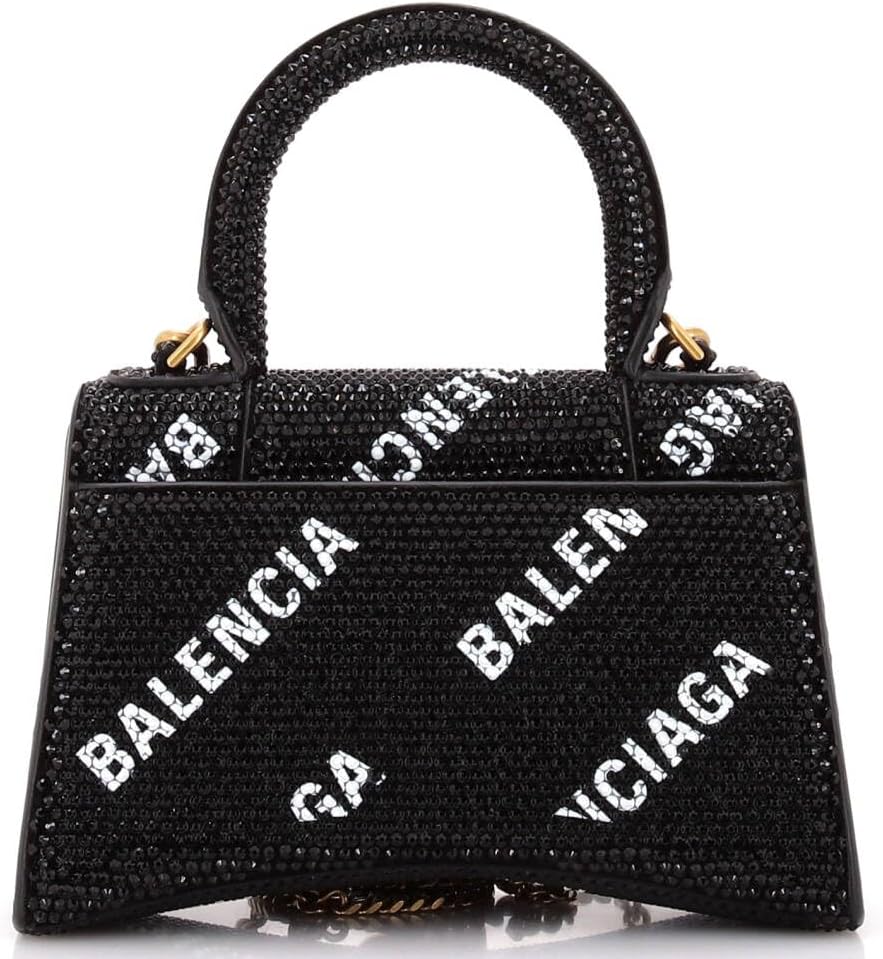 Pre-Loved Hourglass Top Handle Bag Suede and Allover Logo Crystals XS, Black