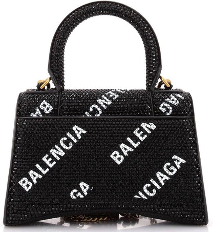 Pre-Loved Hourglass Top Handle Bag Suede and Allover Logo Crystals XS, Black