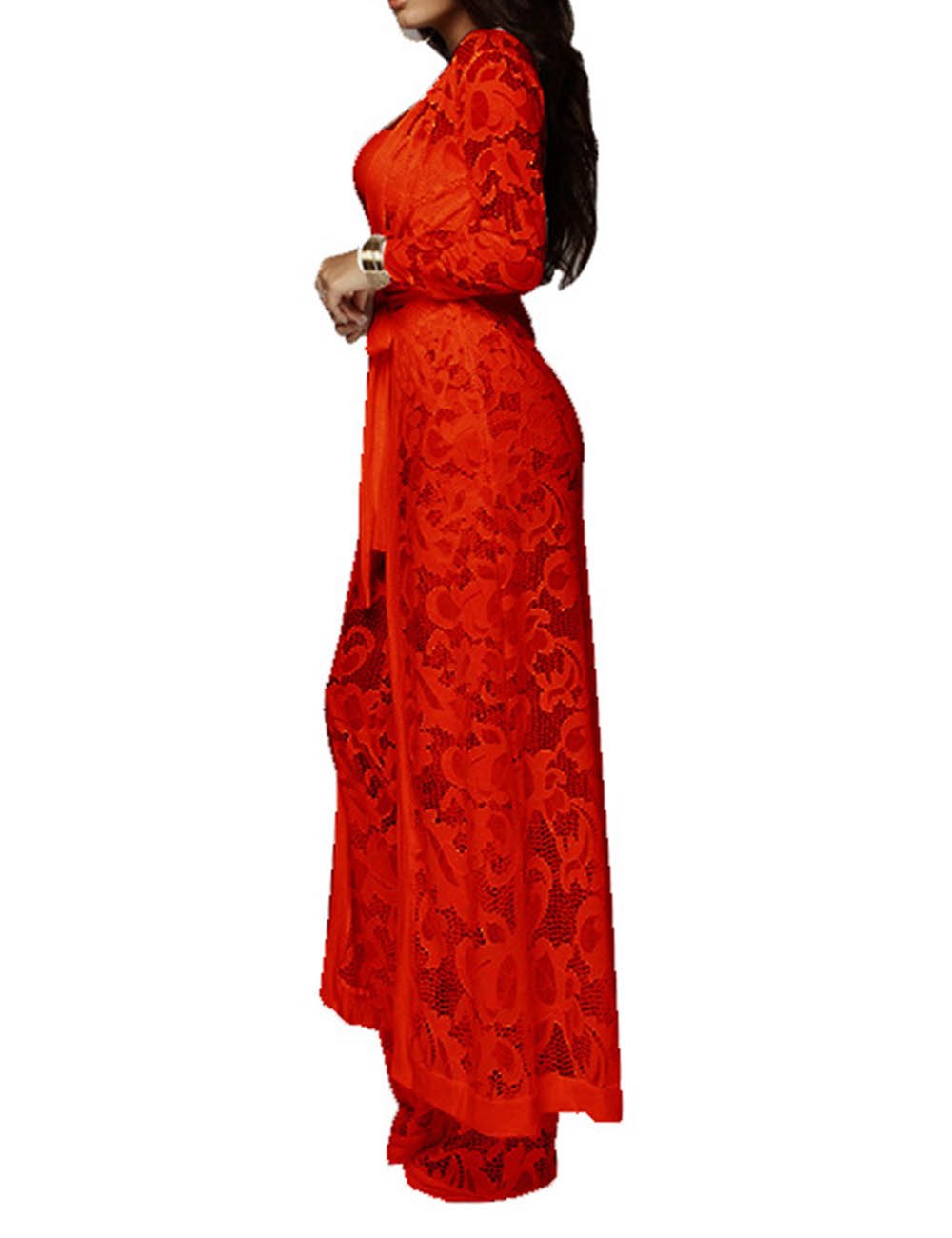 xxxiticat Women's Sexy Lace Transparent See Through Wide Leg Pants Tube Top Long Coat Sets Suits