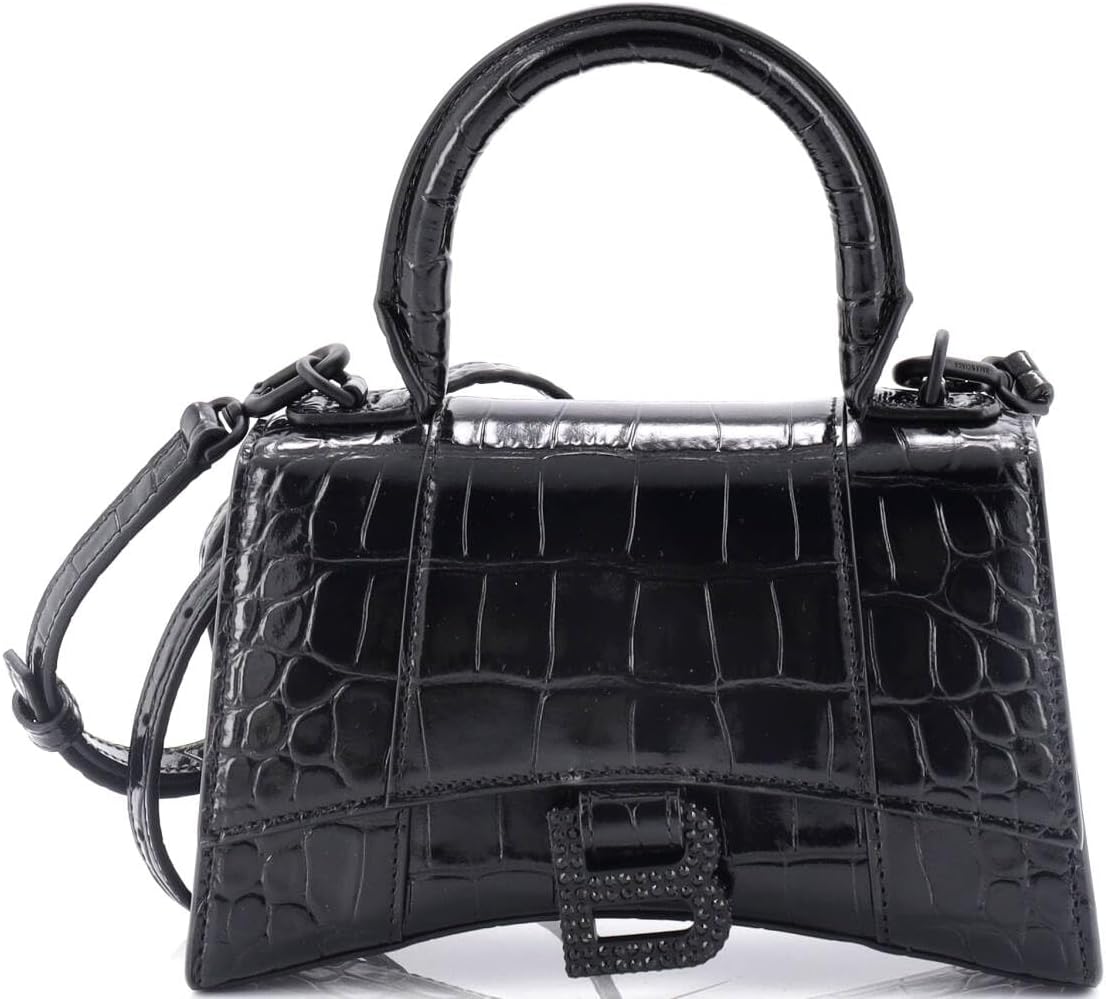 Pre-Loved Hourglass Top Handle Bag Crocodile Embossed Leather with Crystals XS, Black