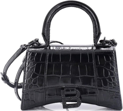 Pre-Loved Hourglass Top Handle Bag Crocodile Embossed Leather with Crystals XS, Black