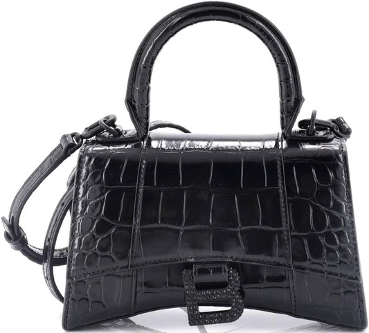 Pre-Loved Hourglass Top Handle Bag Crocodile Embossed Leather with Crystals XS, Black