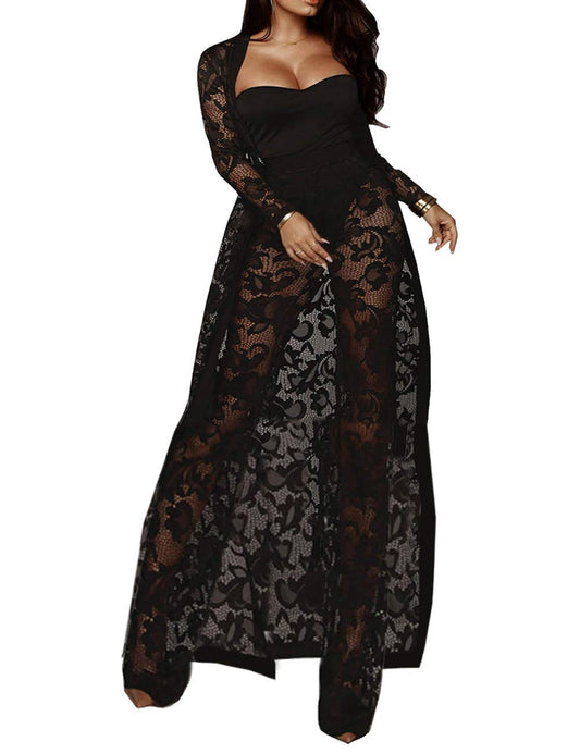 xxxiticat Women's Sexy Lace Transparent See Through Wide Leg Pants Tube Top Long Coat Sets Suits