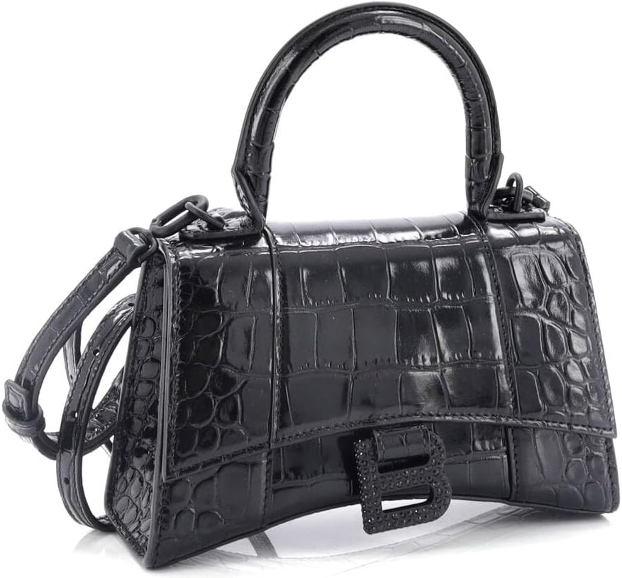 Pre-Loved Hourglass Top Handle Bag Crocodile Embossed Leather with Crystals XS, Black