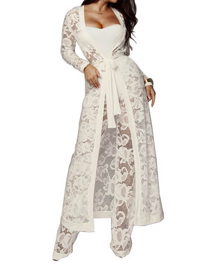 xxxiticat Women's Sexy Lace Transparent See Through Wide Leg Pants Tube Top Long Coat Sets Suits