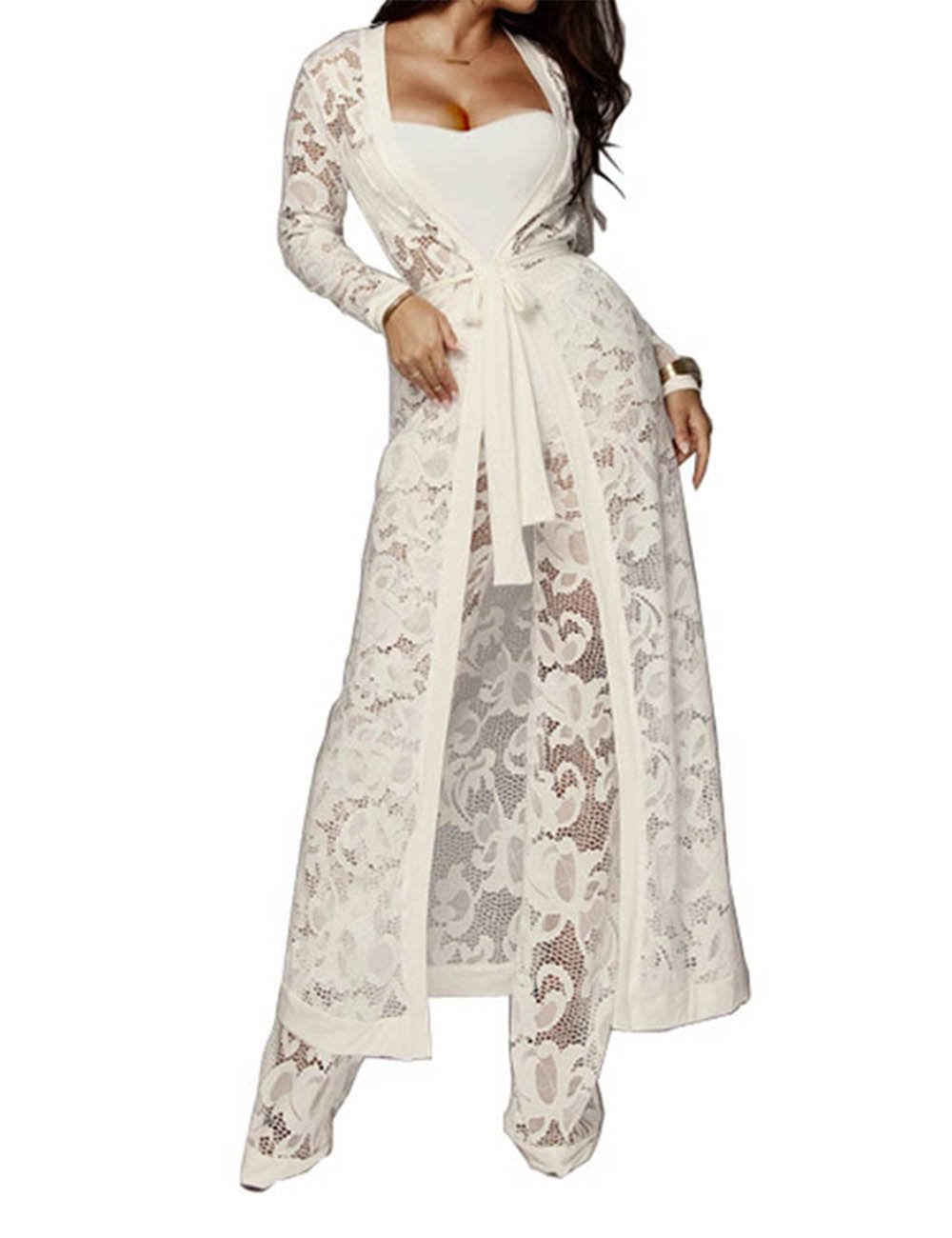 xxxiticat Women's Sexy Lace Transparent See Through Wide Leg Pants Tube Top Long Coat Sets Suits