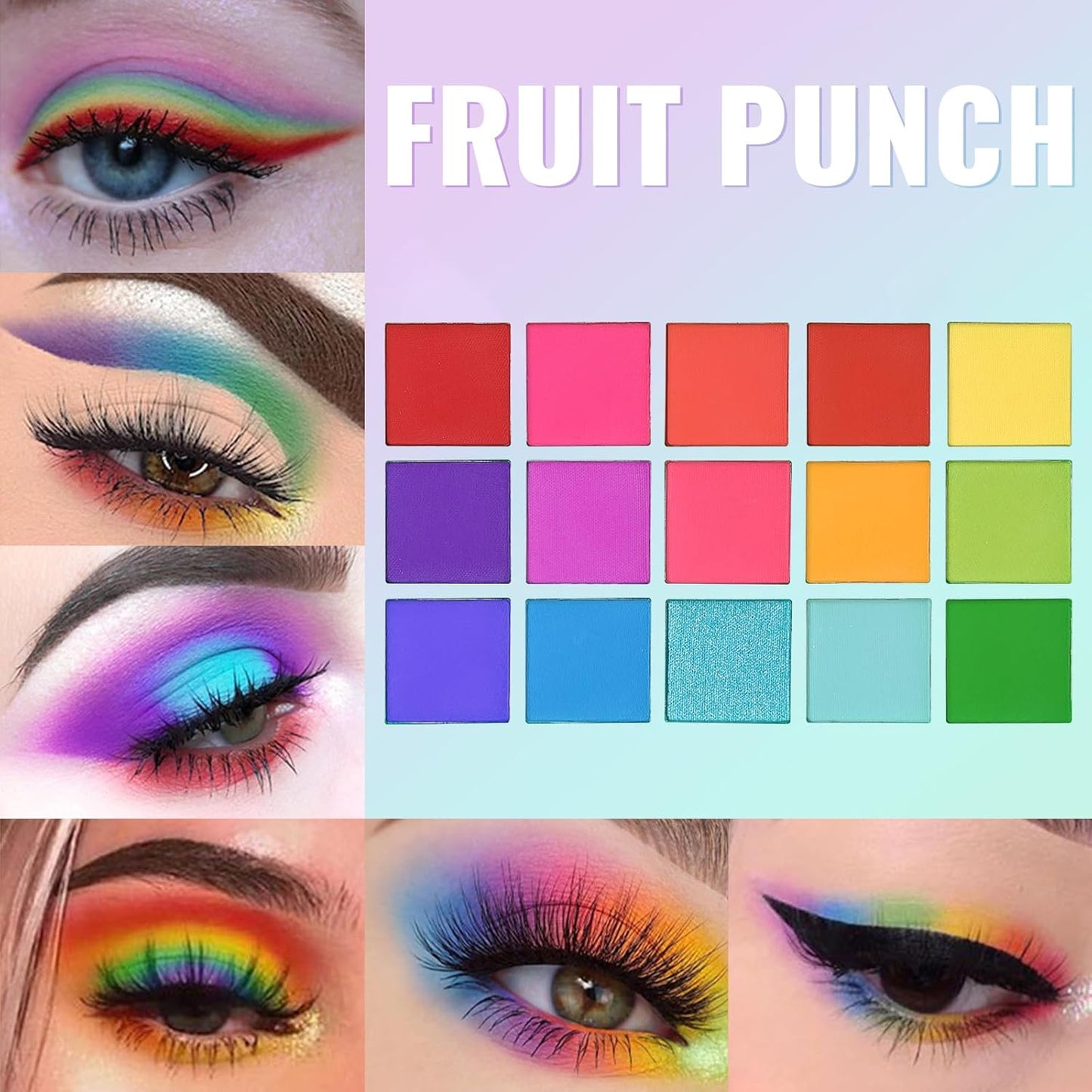 UCANBE Bright Colorful Neon Rainbow Makeup Eyeshadow Palette 15 Shades Green Purple Yellow Make Up Pallets Kit Vibrant Shimmer Matte Pigmented Blendable - Fruit Punch