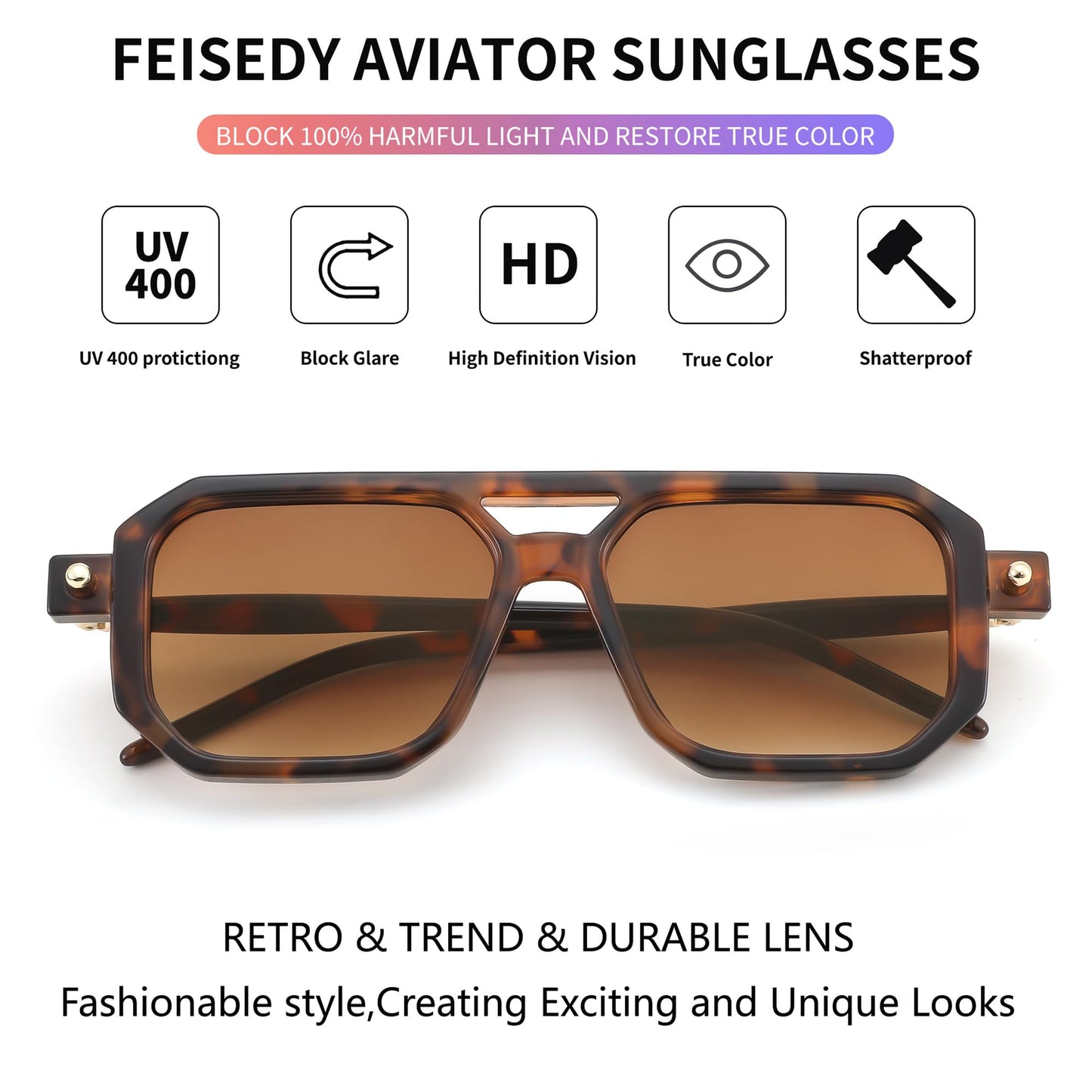 FEISEDY Vintage Square 70s Flat Aviator Sunglasses Women Men Classic Retro Stylish Frame UV400 Sunglasses B2622