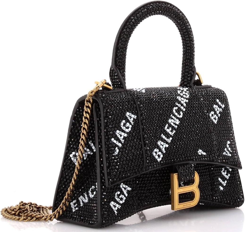 Pre-Loved Hourglass Top Handle Bag Suede and Allover Logo Crystals XS, Black