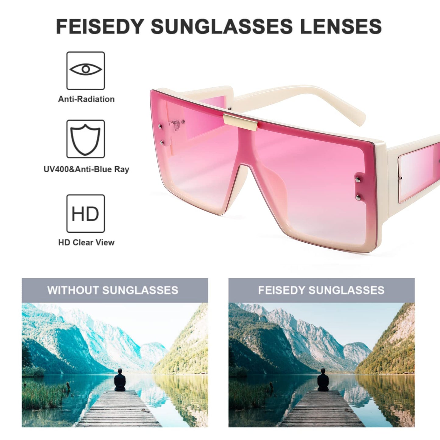 FEISEDY Square Oversized Flat Top Sunglasses With Side Lens Integrated For Women Men B4028