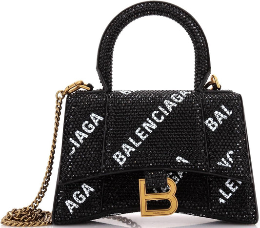 Pre-Loved Hourglass Top Handle Bag Suede and Allover Logo Crystals XS, Black