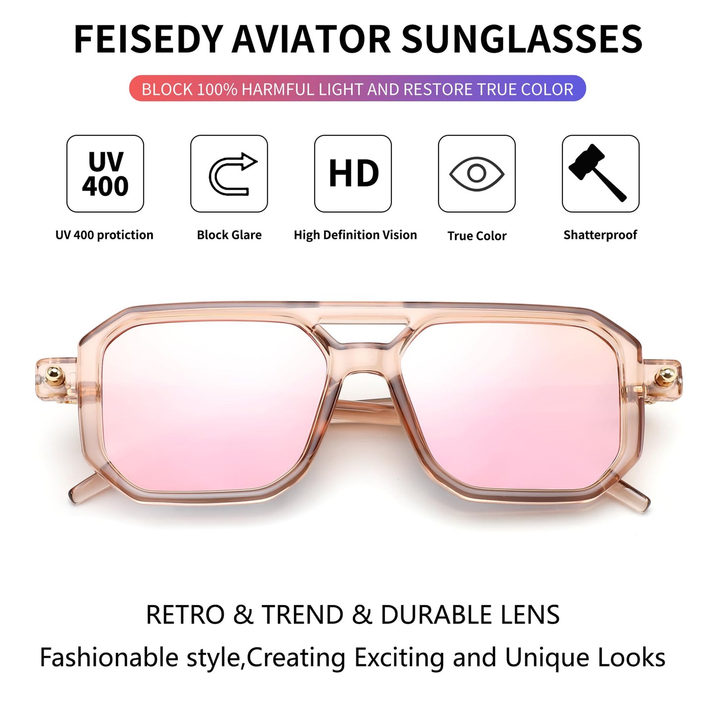 FEISEDY Vintage Square 70s Flat Aviator Sunglasses Women Men Classic Retro Stylish Frame UV400 Sunglasses B2622