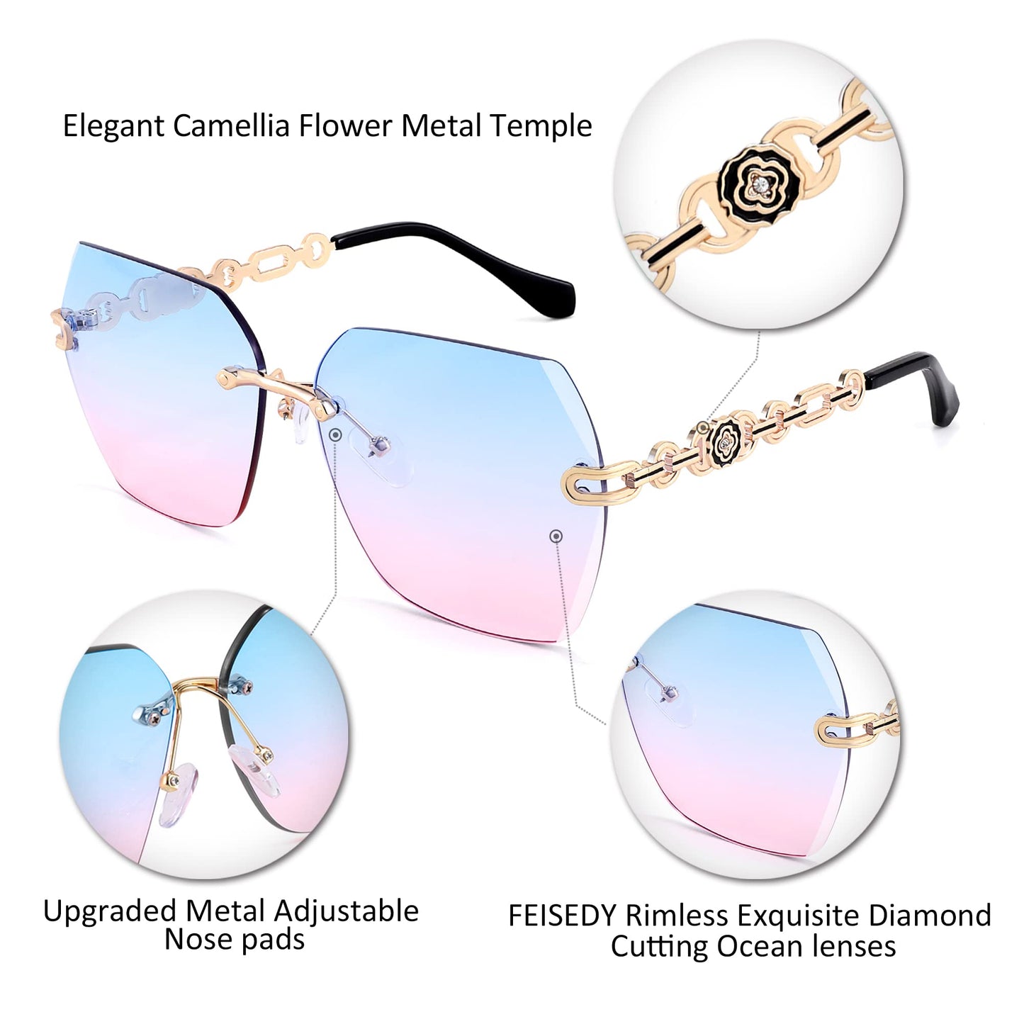 FEISEDY Classic Rimless Sunglasses Women Metal Frame Diamond Cutting Lens Sun Glasses B2567