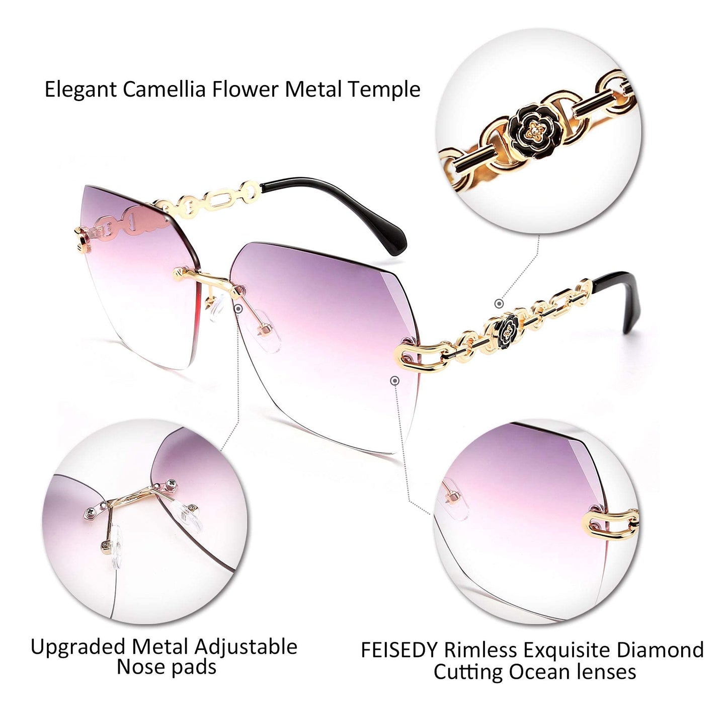 FEISEDY Classic Rimless Sunglasses Women Metal Frame Diamond Cutting Lens Sun Glasses B2567