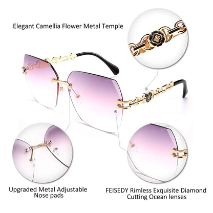 FEISEDY Classic Rimless Sunglasses Women Metal Frame Diamond Cutting Lens Sun Glasses B2567
