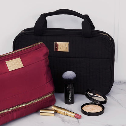 LAURA GELLER NEW YORK Quilted Folding Travel Makeup Bag, Black - Hanging Toiletry Bag Organizer for Travel - Large Capacity Full Size Makeup Bag - Easy to Clean