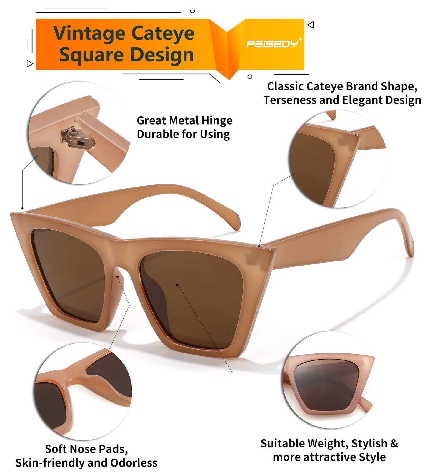 FEISEDY Vintage Square Cat Eye Sunglasses Women Trendy Cateye Sunglasses B2473