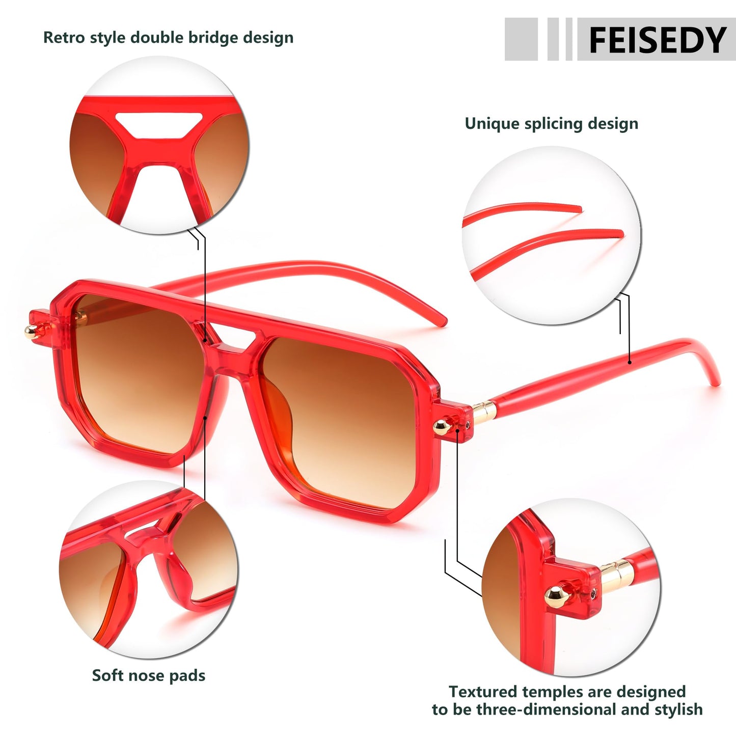 FEISEDY Vintage Square 70s Flat Aviator Sunglasses Women Men Classic Retro Stylish Frame UV400 Sunglasses B2622