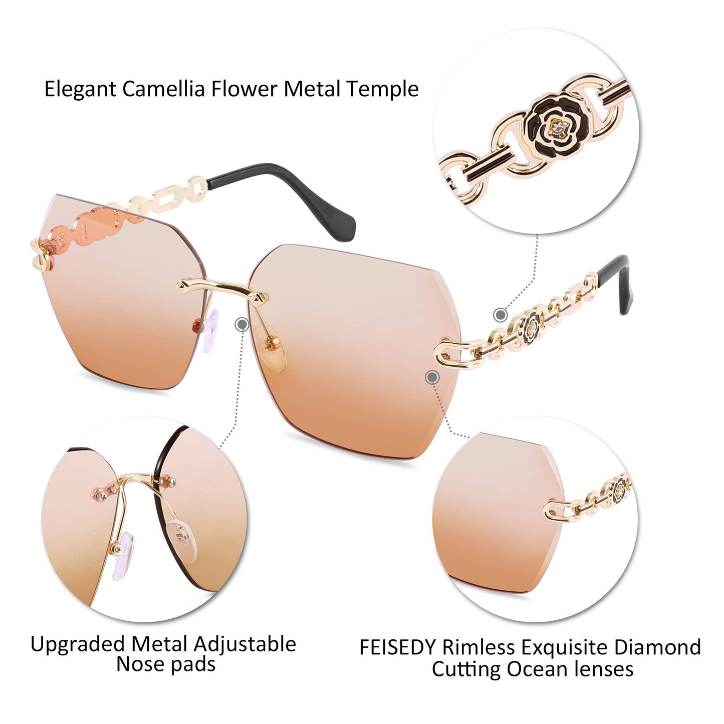 FEISEDY Classic Rimless Sunglasses Women Metal Frame Diamond Cutting Lens Sun Glasses B2567