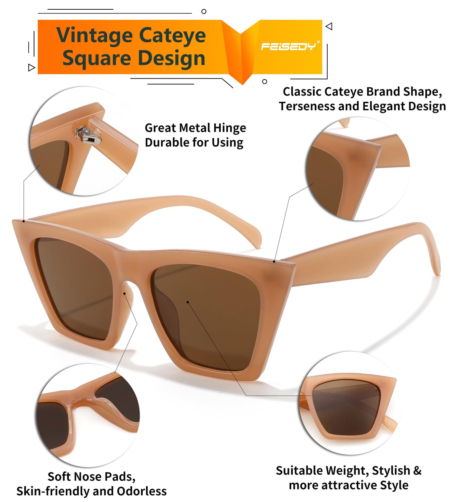 FEISEDY Vintage Square Cat Eye Sunglasses Women Trendy Cateye Sunglasses B2473