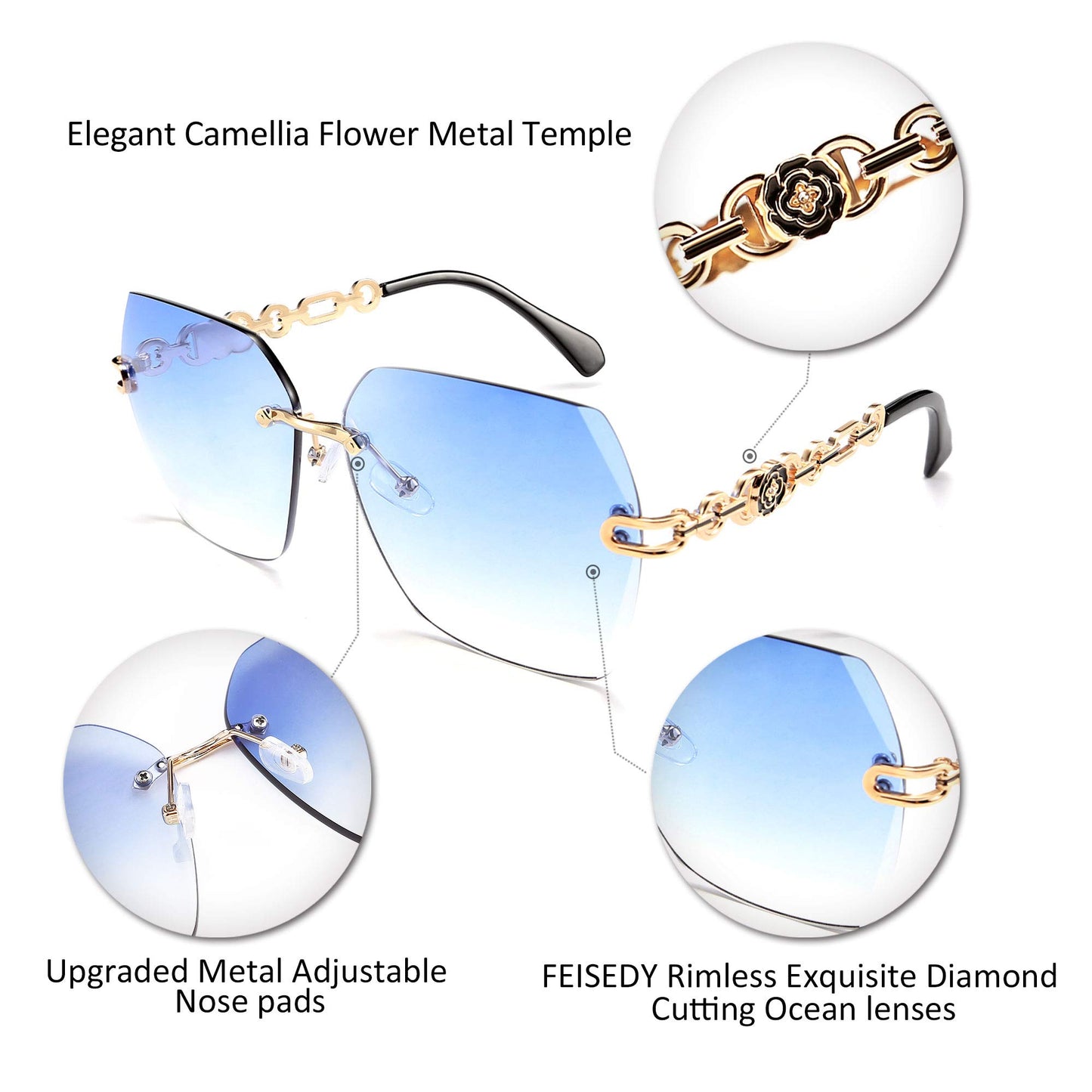 FEISEDY Classic Rimless Sunglasses Women Metal Frame Diamond Cutting Lens Sun Glasses B2567