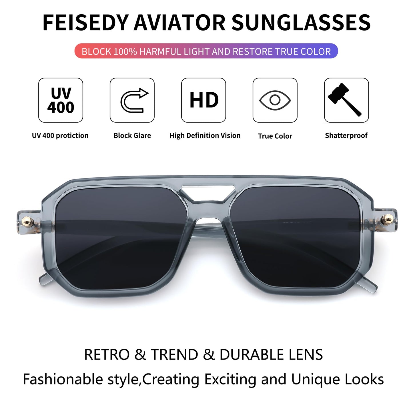 FEISEDY Vintage Square 70s Flat Aviator Sunglasses Women Men Classic Retro Stylish Frame UV400 Sunglasses B2622