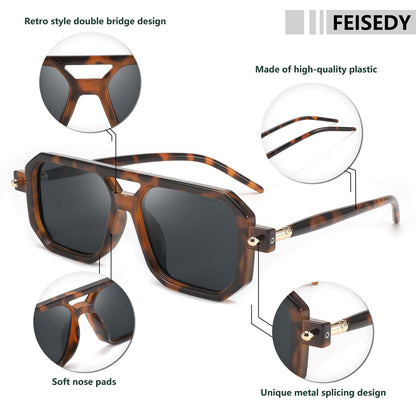 FEISEDY Vintage Square 70s Flat Aviator Sunglasses Women Men Classic Retro Stylish Frame UV400 Sunglasses B2622